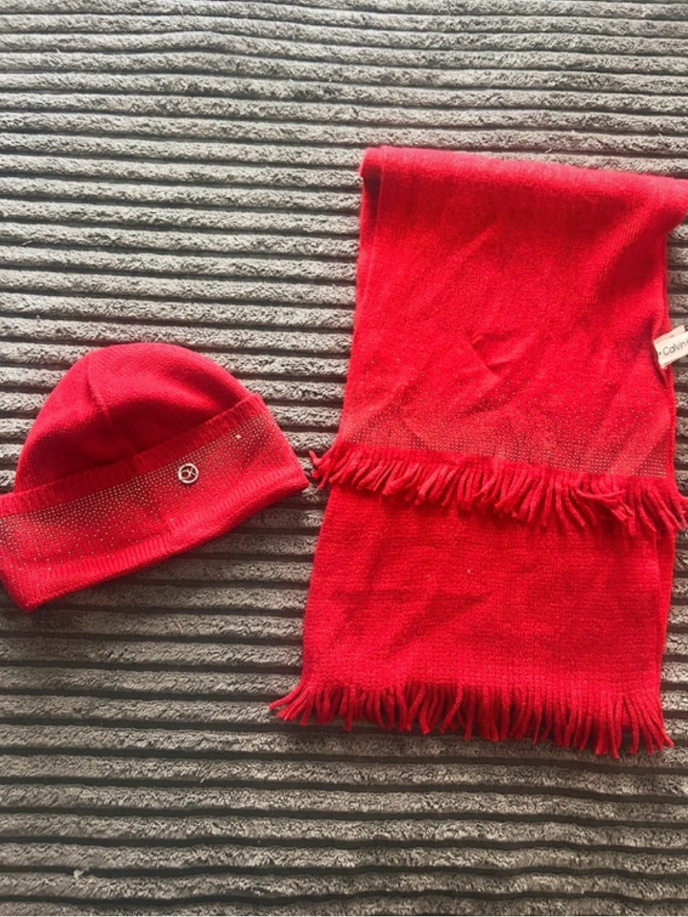 Calvin Klein Kids Bright Red Knit Hat & Fringe Scarf Set